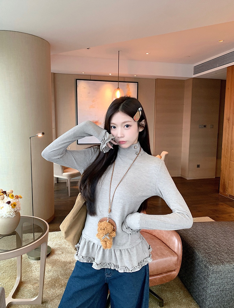 Spring and autumn lace T-shirt high collar tops