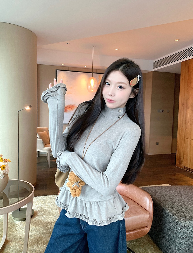 Spring and autumn lace T-shirt high collar tops