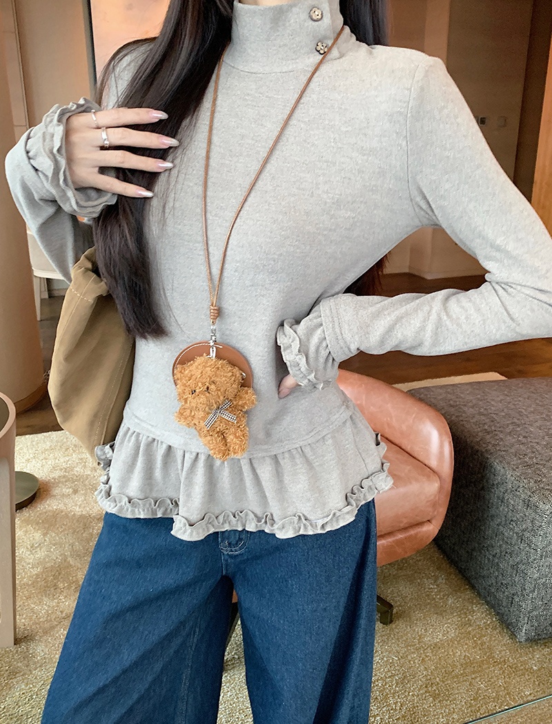 Spring and autumn lace T-shirt high collar tops