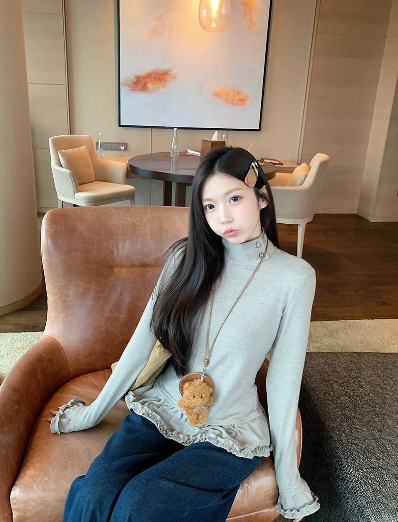 Spring and autumn lace T-shirt high collar tops