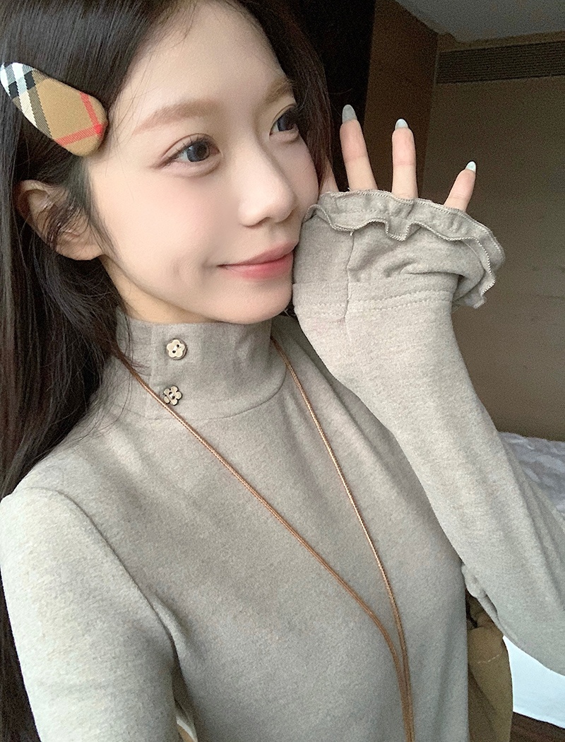 Spring and autumn lace T-shirt high collar tops