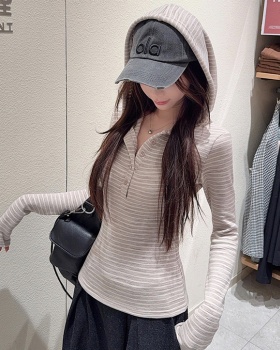 Stripe hooded T-shirt spring and autumn thin tops for women