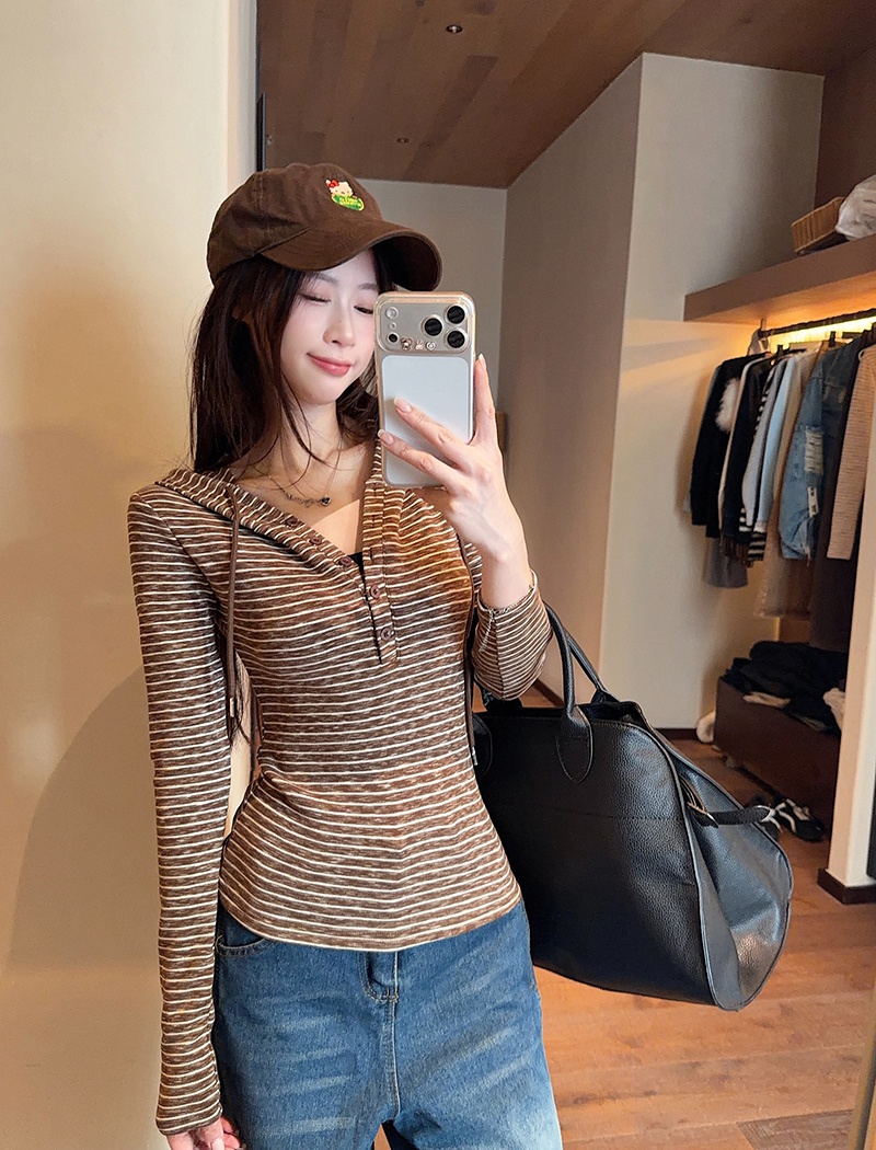 Stripe hooded T-shirt spring and autumn thin tops for women