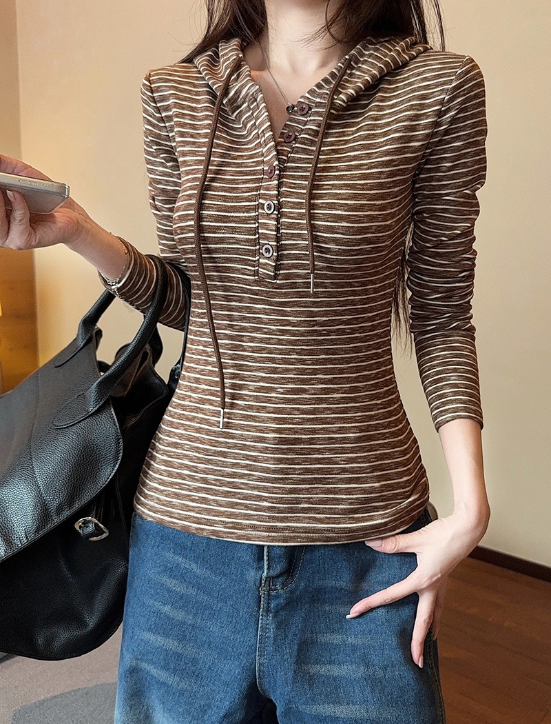 Stripe hooded T-shirt spring and autumn thin tops for women