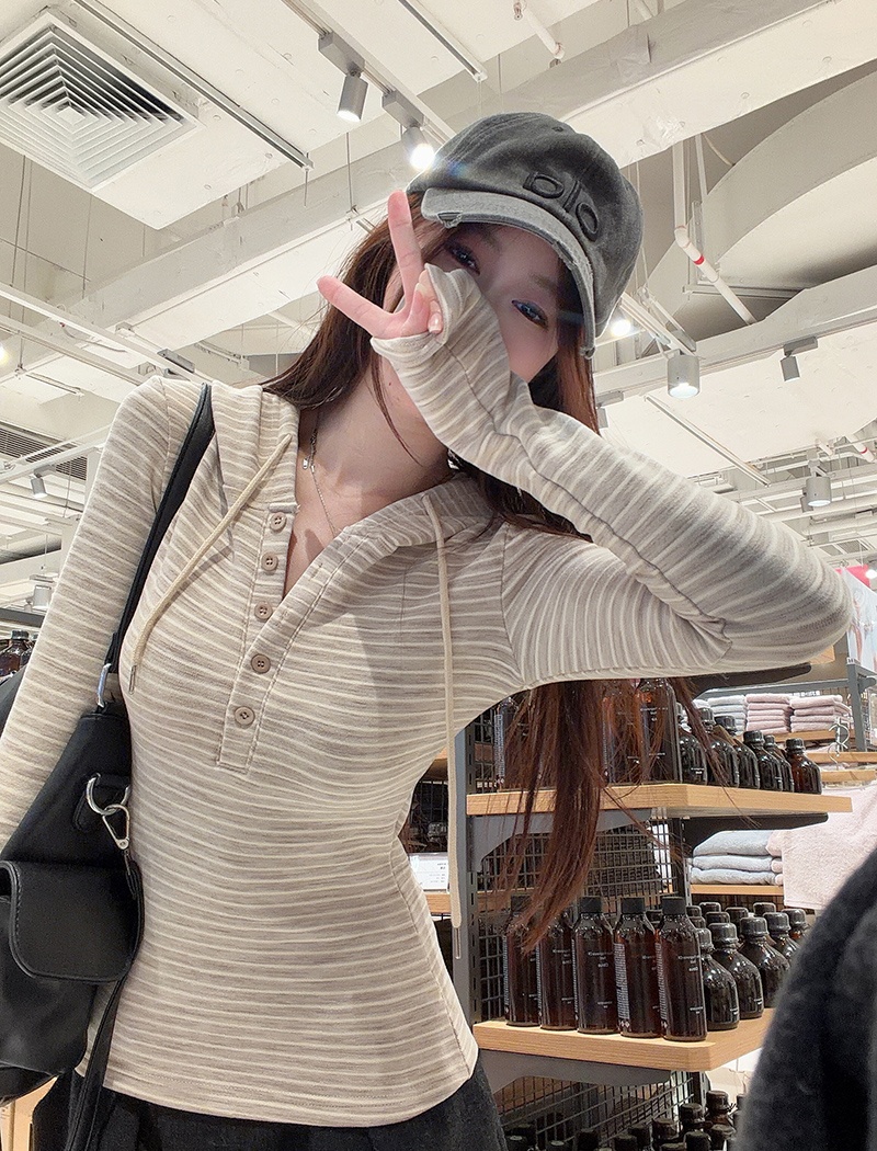 Stripe hooded T-shirt spring and autumn thin tops for women