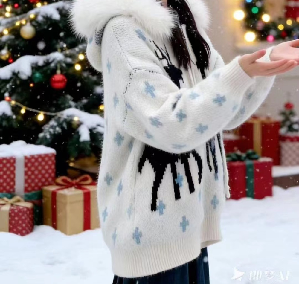 Fawn fur collar removable cardigan jacquard lazy sweater