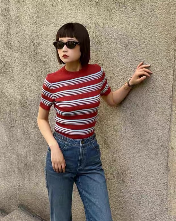 Fashion short sleeve tops stripe T-shirt for women