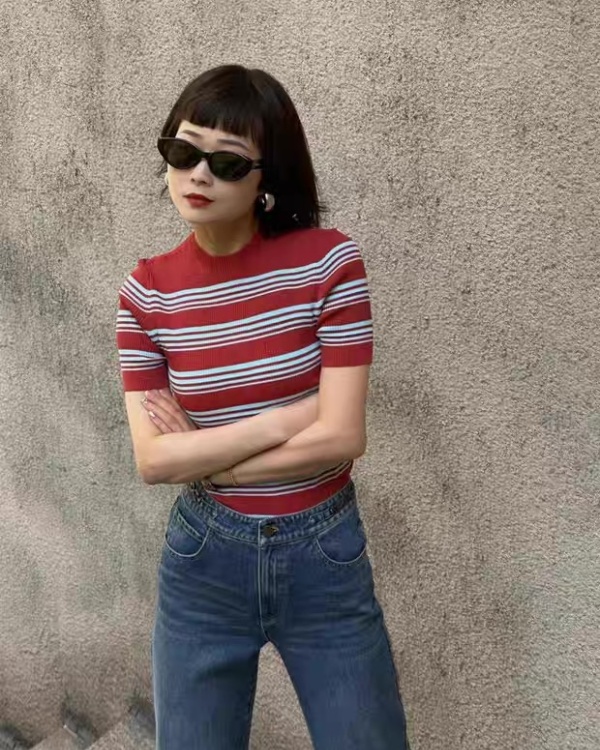 Fashion short sleeve tops stripe T-shirt for women