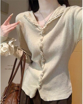 Buckle long sleeve tops slim wood ear sweater for women