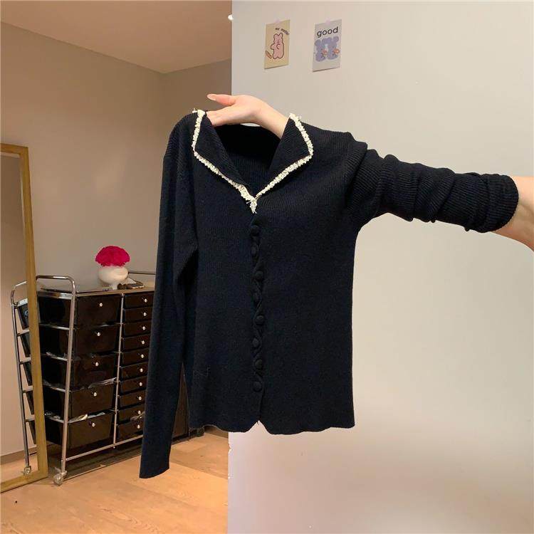 Buckle long sleeve tops slim wood ear sweater for women