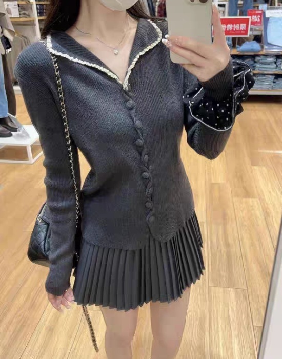 Buckle long sleeve tops slim wood ear sweater for women