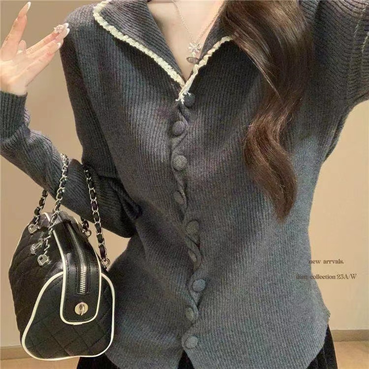 Buckle long sleeve tops slim wood ear sweater for women