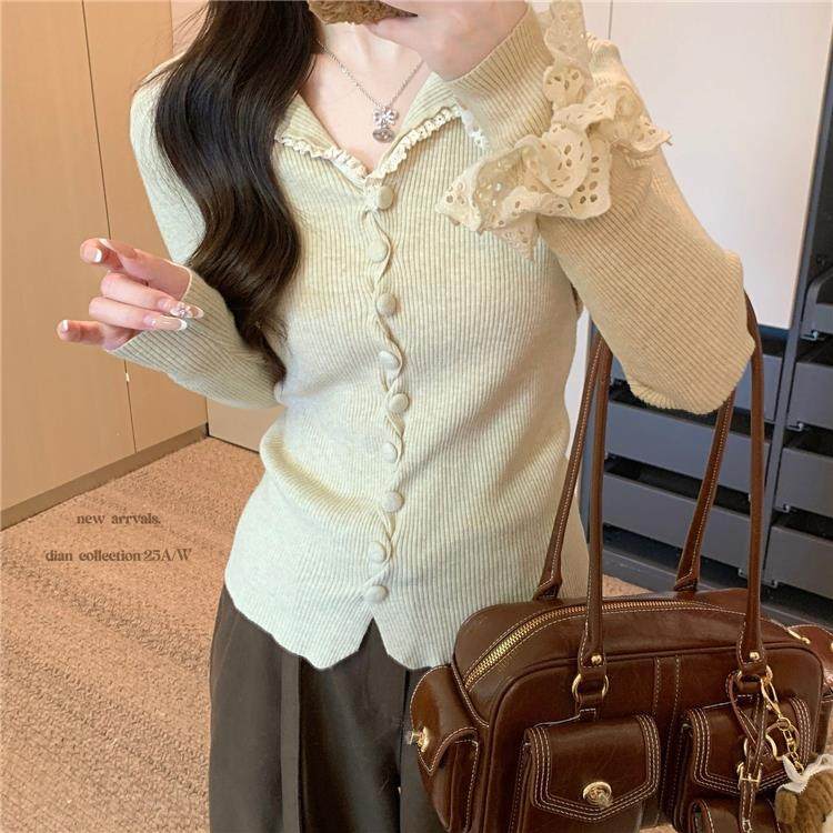 Buckle long sleeve tops slim wood ear sweater for women