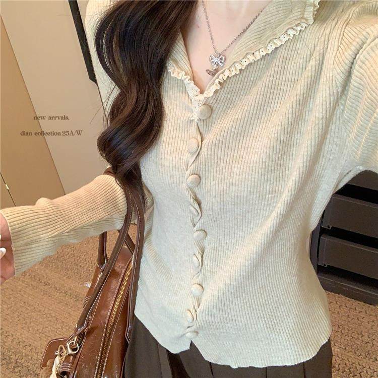 Buckle long sleeve tops slim wood ear sweater for women