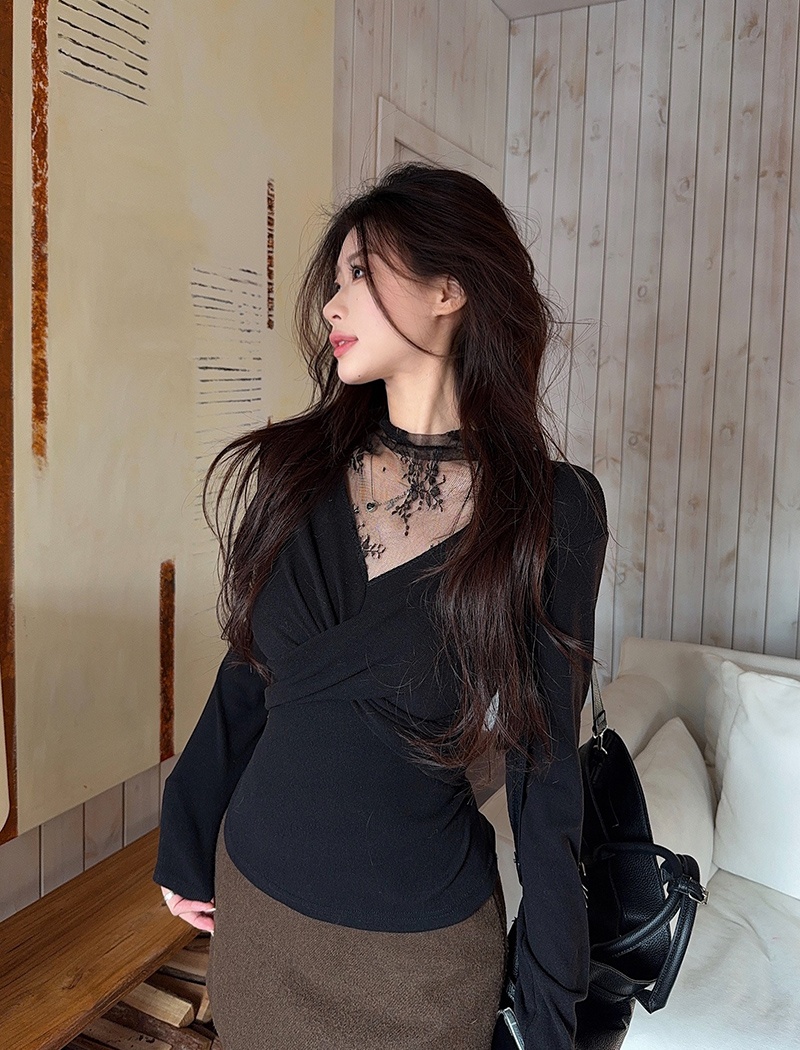 Spring and autumn lace T-shirt long sleeve tops for women