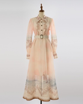 Beading spring and summer classic lapel big skirt dress