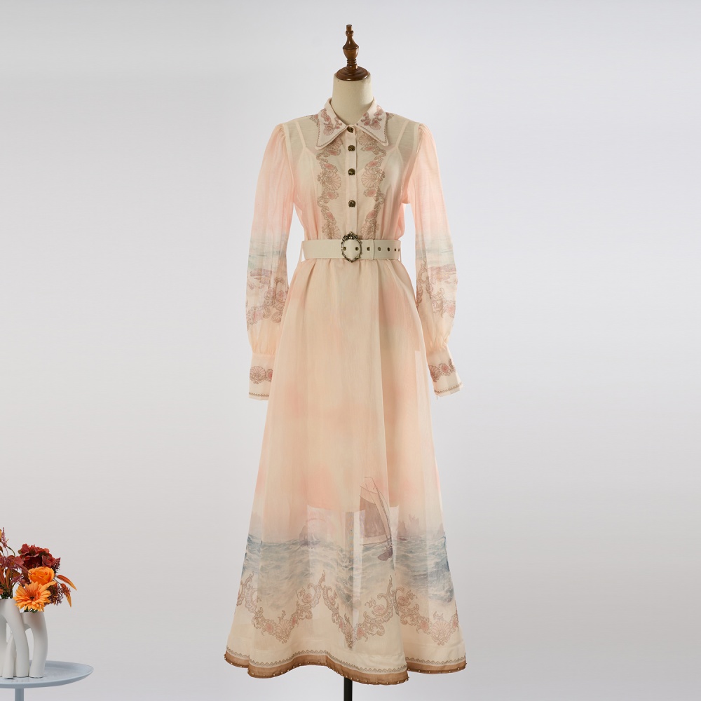 Beading spring and summer classic lapel big skirt dress