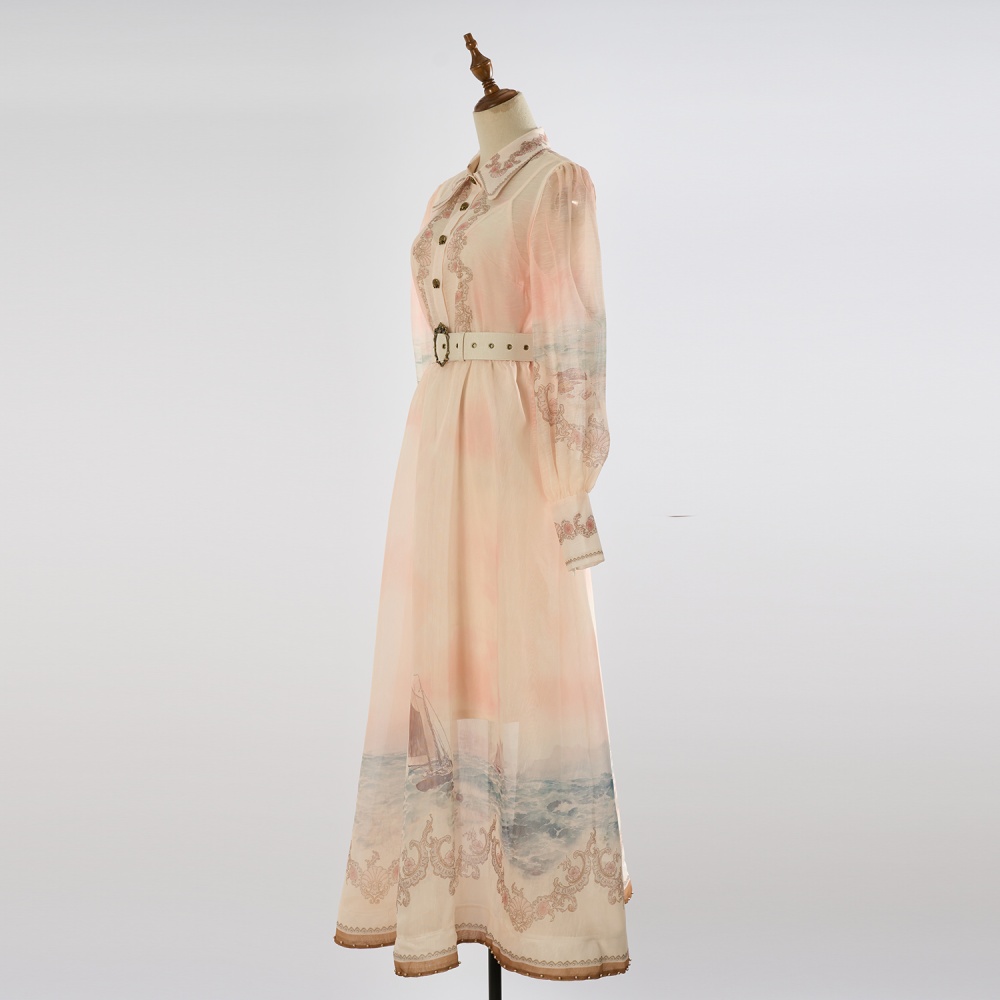 Beading spring and summer classic lapel big skirt dress