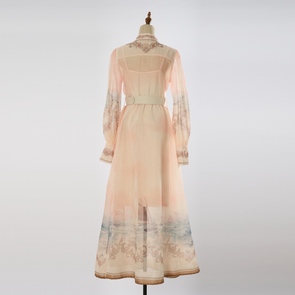 Beading spring and summer classic lapel big skirt dress