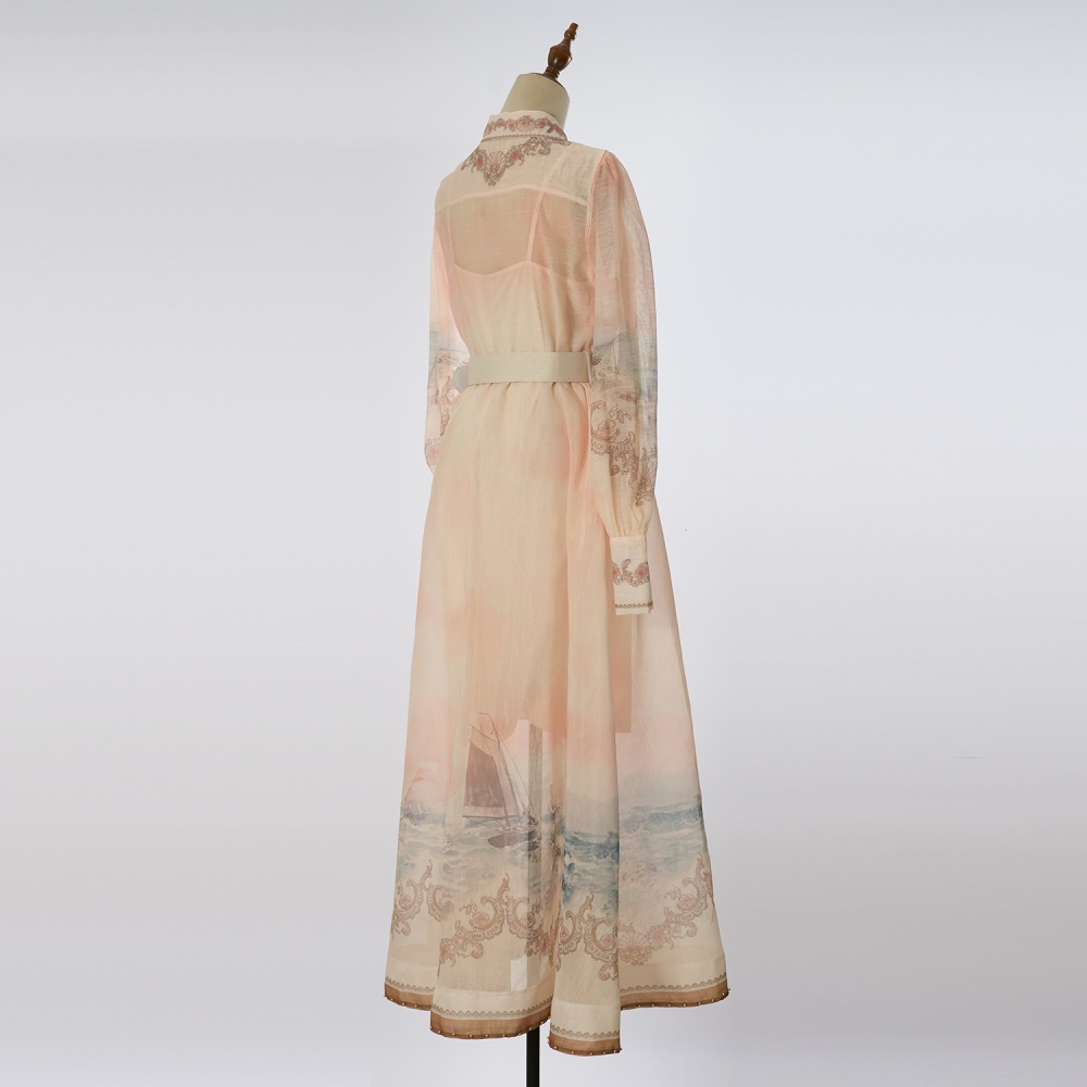 Beading spring and summer classic lapel big skirt dress