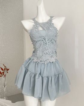 Stereoscopic halter tops lace short skirt a set for women