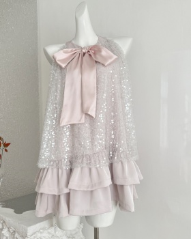 Sequins doll halter dress bow slim dig shoulder T-back for women