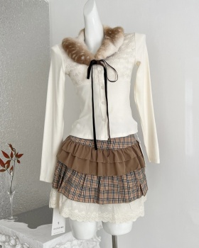 Leopard sweater eco-friendly fur collar short skirt a set