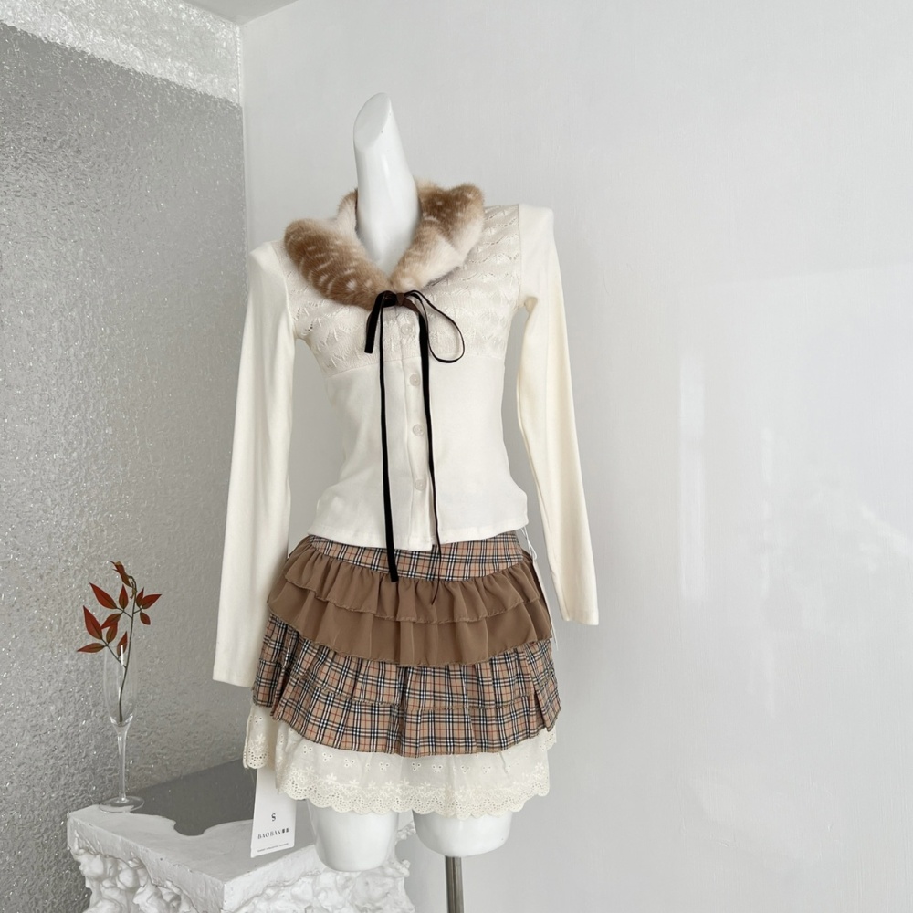 Leopard sweater eco-friendly fur collar short skirt a set