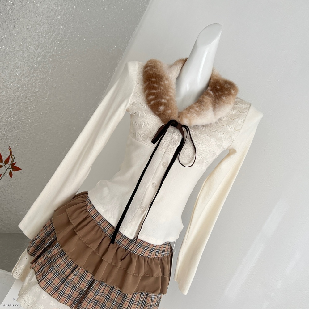 Leopard sweater eco-friendly fur collar short skirt a set