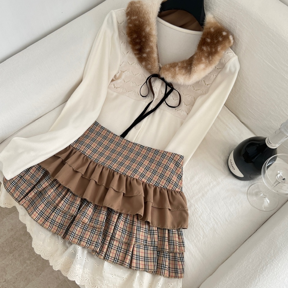 Leopard sweater eco-friendly fur collar short skirt a set