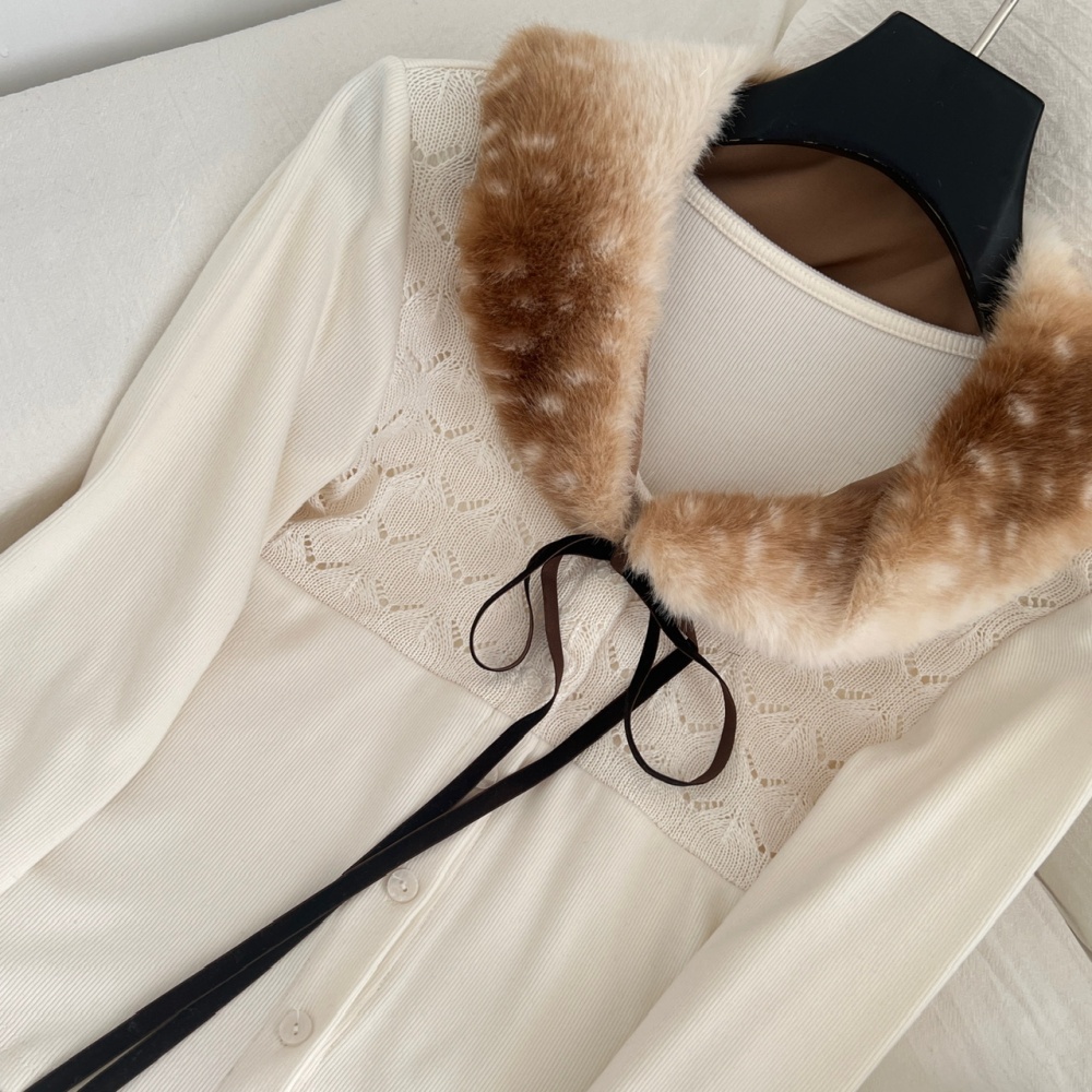 Leopard sweater eco-friendly fur collar short skirt a set