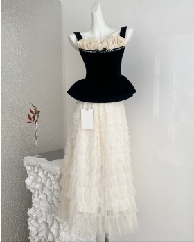 Black silk mermaid hem corset cake skirt 2pcs set