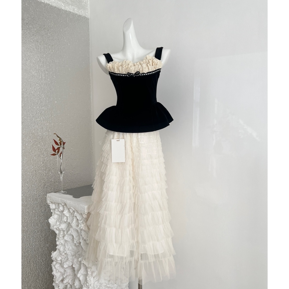 Black silk mermaid hem corset cake skirt 2pcs set