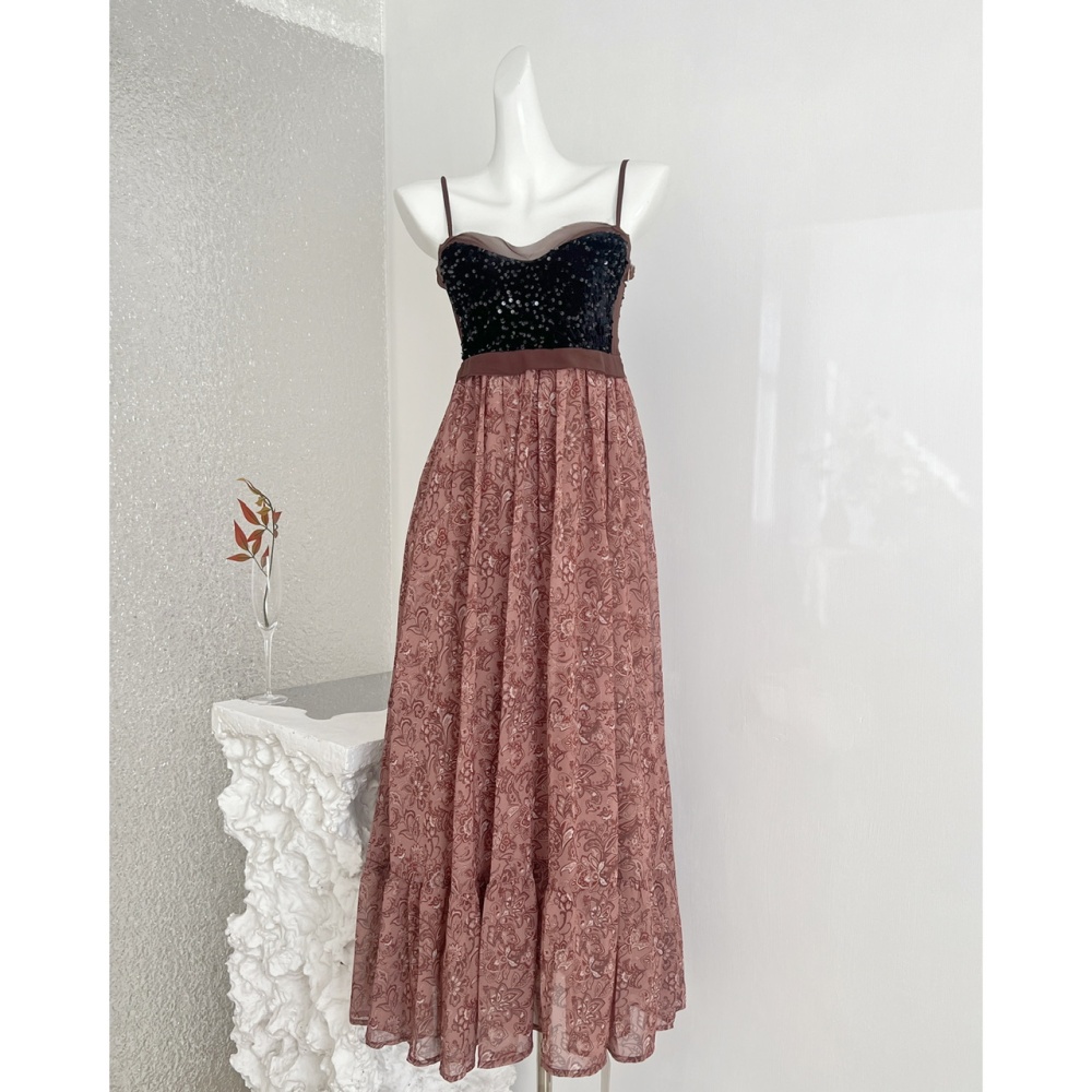 Splice velvet sequins obscure multilayer dress