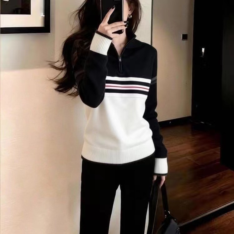 Half zip temperament slim tops Casual all-match sweater for women