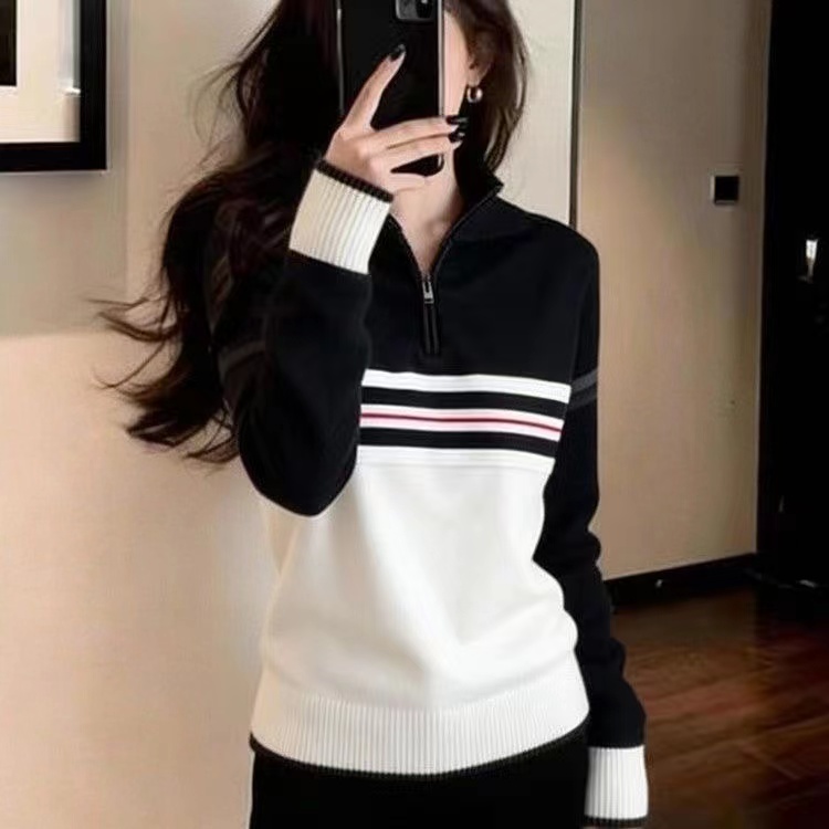 Half zip temperament slim tops Casual all-match sweater for women