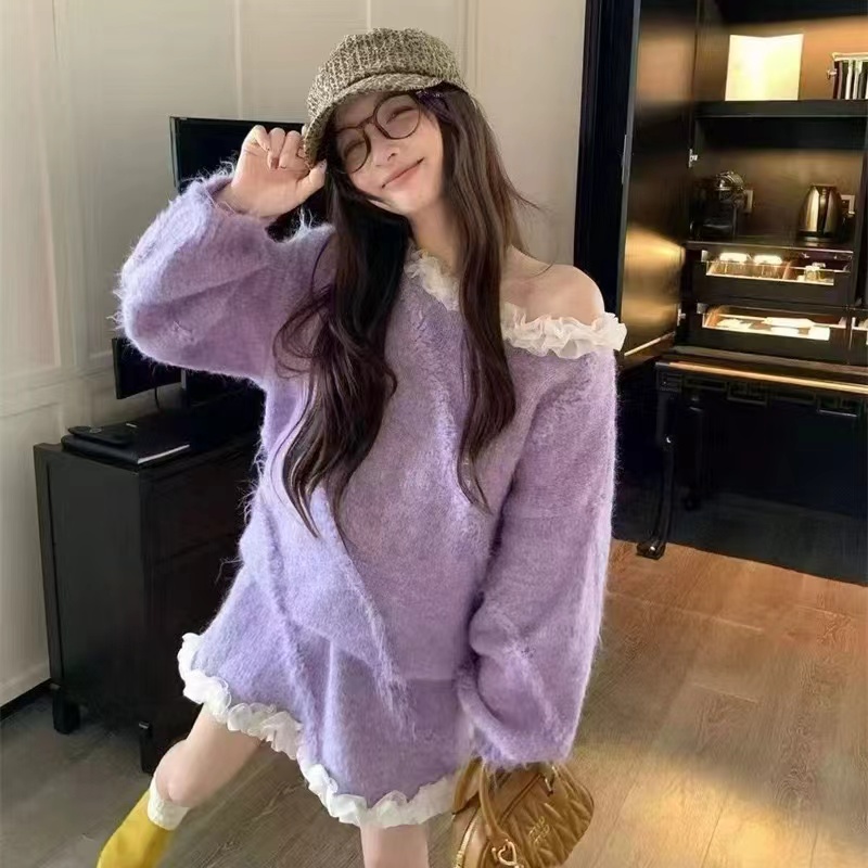 Knitted fashion skirt Korean style tops 2pcs set for women