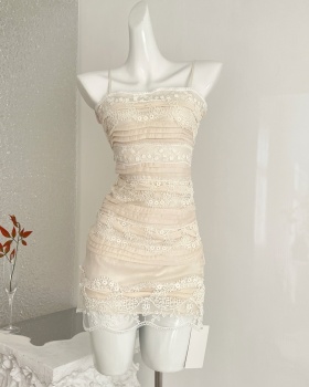 Lace embroidered drape gauze dress