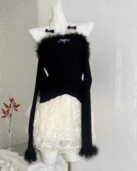 Enticement winter tops slim short skirt a set