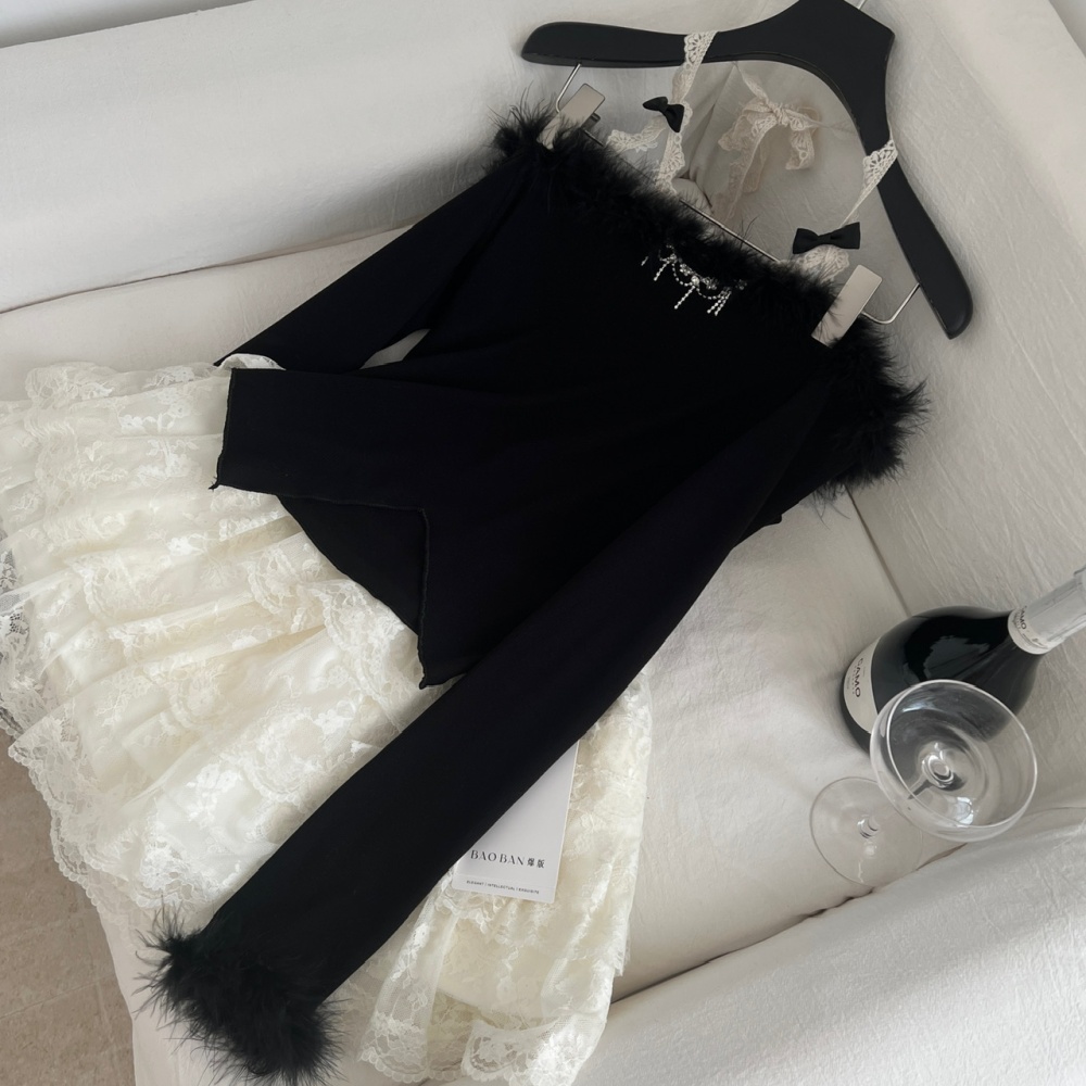 Enticement winter tops slim short skirt a set