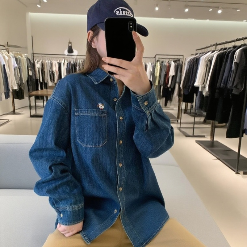 Loose embroidery denim spring long sleeve shirt