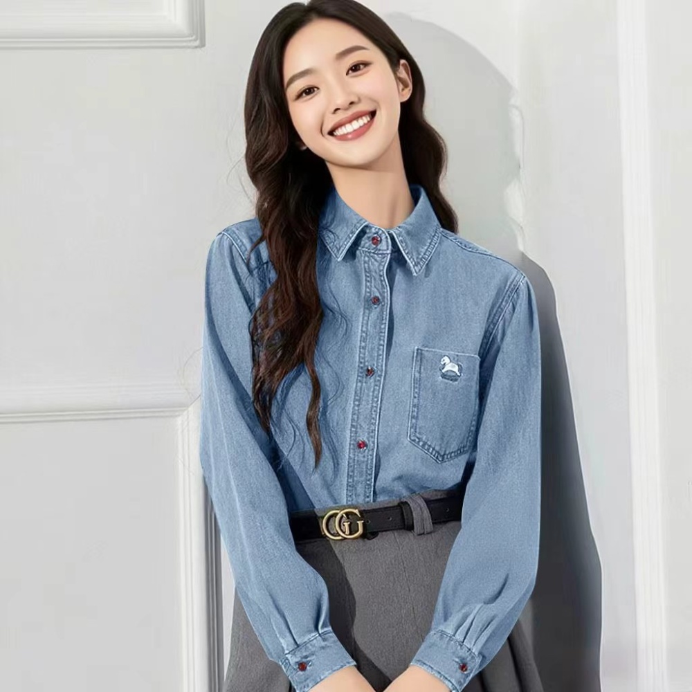 Denim Korean style embroidery pony fashion shirt