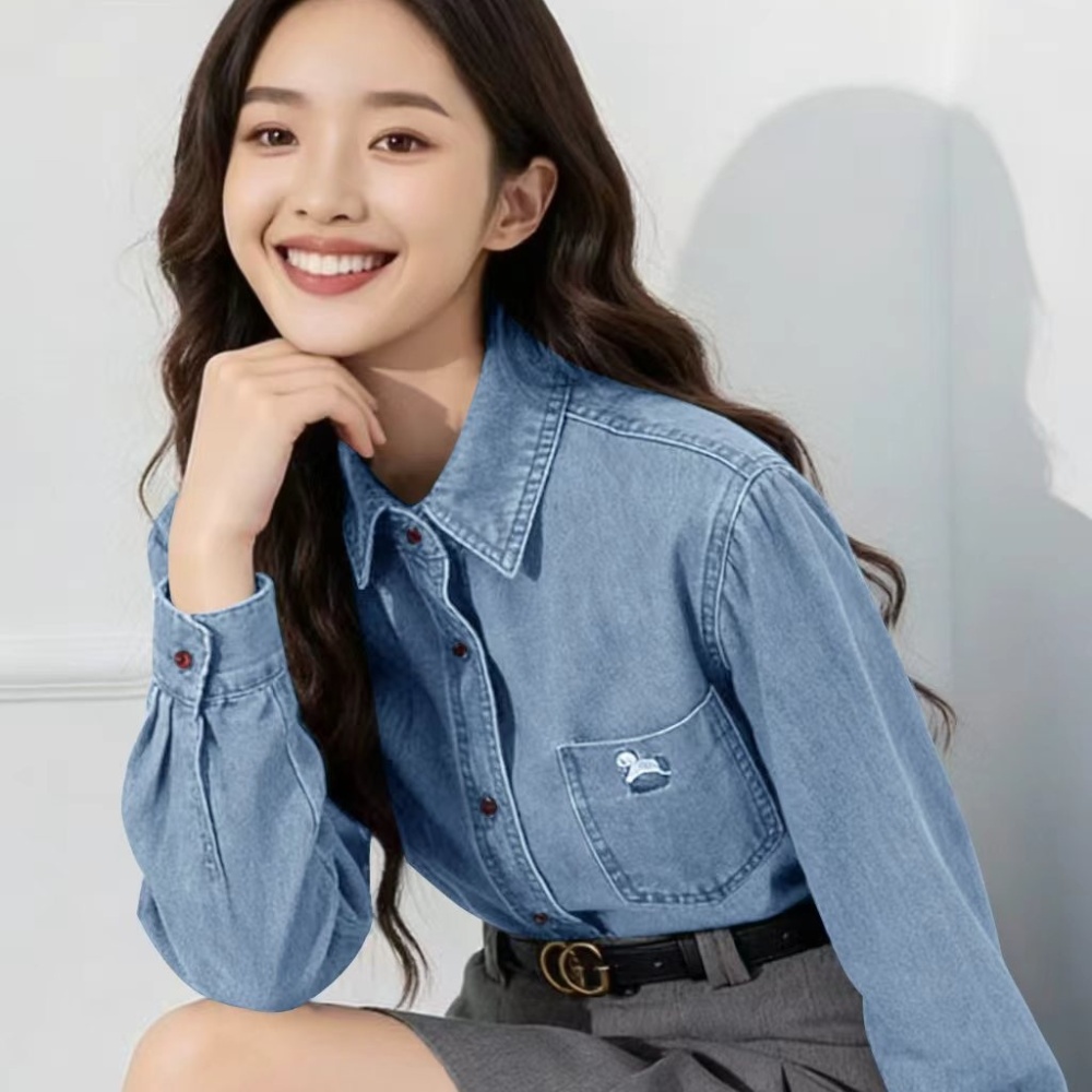 Denim Korean style embroidery pony fashion shirt