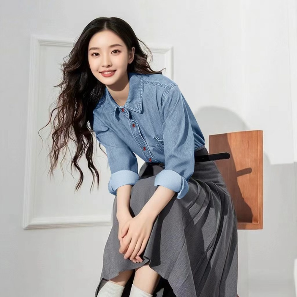 Denim Korean style embroidery pony fashion shirt