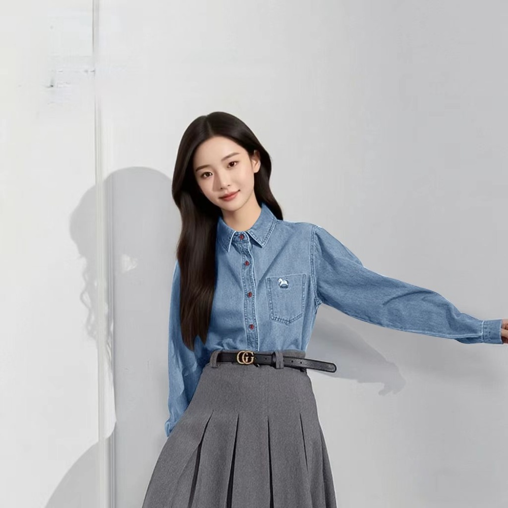 Denim Korean style embroidery pony fashion shirt