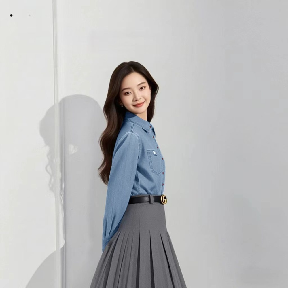 Denim Korean style embroidery pony fashion shirt