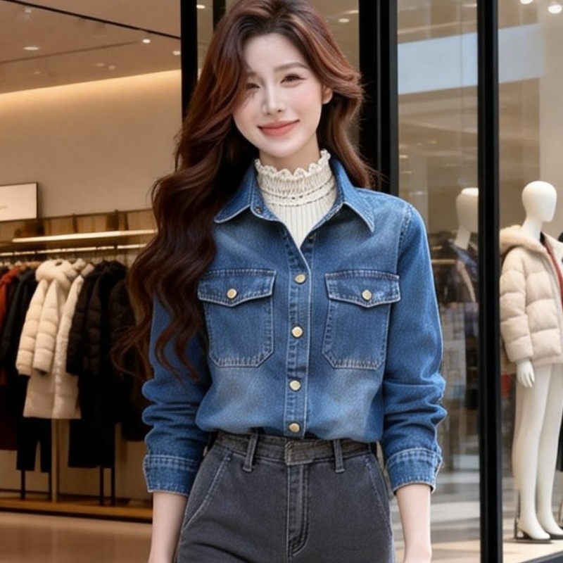 Classic spring navy blue coat retro denim shirt