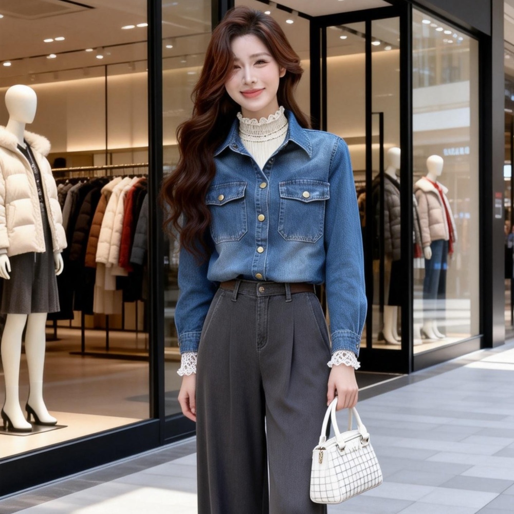 Classic spring navy blue coat retro denim shirt