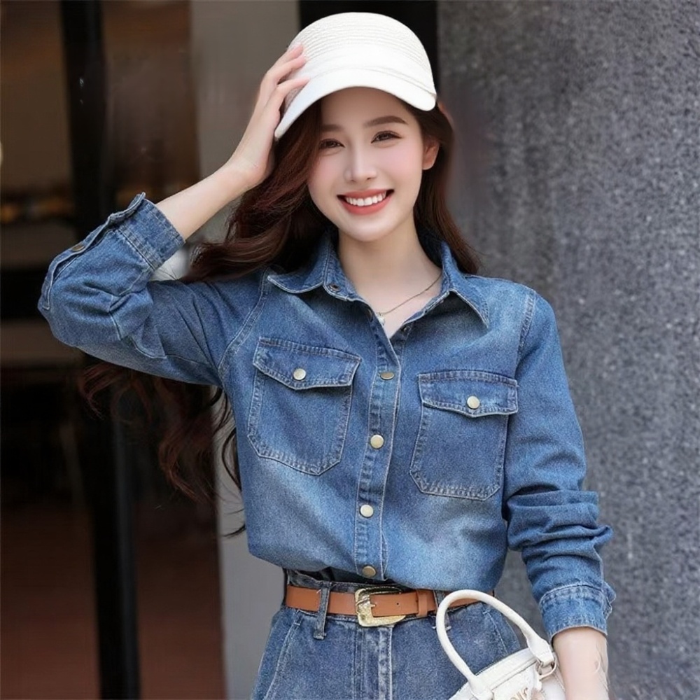 Classic spring navy blue coat retro denim shirt