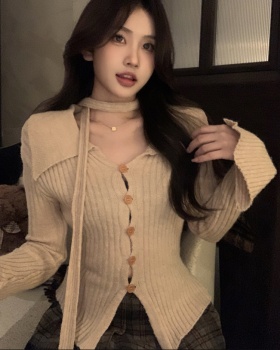 V-neck France style slim pinched waist cardigan